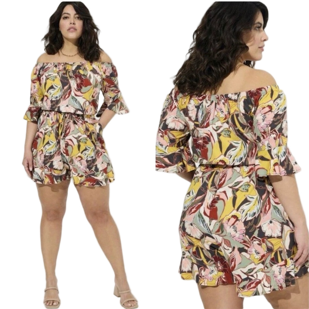 🎟️TORRID Off-Shoulder Floral Romper in Yellow, Pink & Brown size 3 GUC